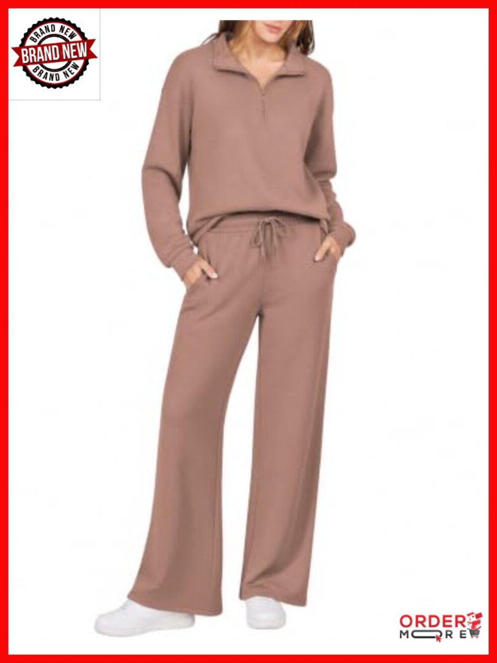 2 Piece Lounge Set Half Zip Top Wide Leg Pants Polyester Rayon Spandex